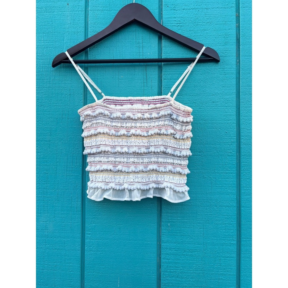 Boho Smocked Ruffle Crop Top Pom Pom‎ Fringe Strappy White Ruched